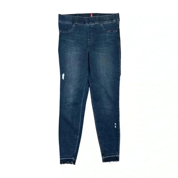 Spanx Distressed Ankle Skinny Jeans Raw Hem Medium Wash Women's Size L - Picture 1 of 11